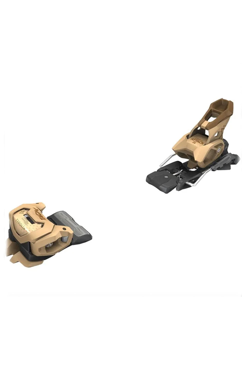 Pair of tan and black ski bindings on a white background