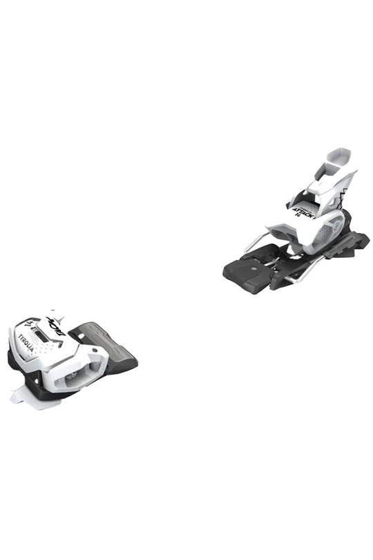 Two ski bindings on a white background