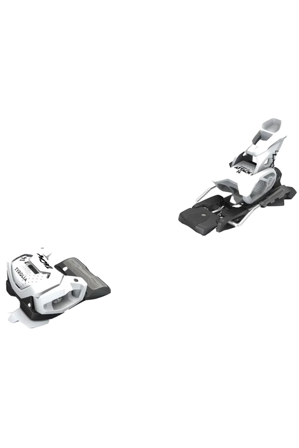 Two ski bindings on a white background