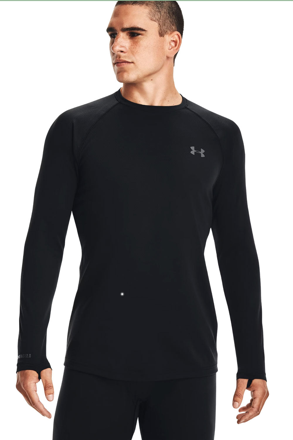 Person wearing a black long-sleeve athletic shirt with Under Armour logo on a white background