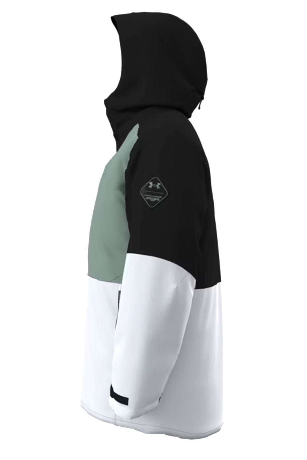 Color-blocked hoodie with black, green, and white sections on a white background