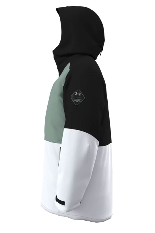 Color-blocked hoodie with black, green, and white sections on a white background