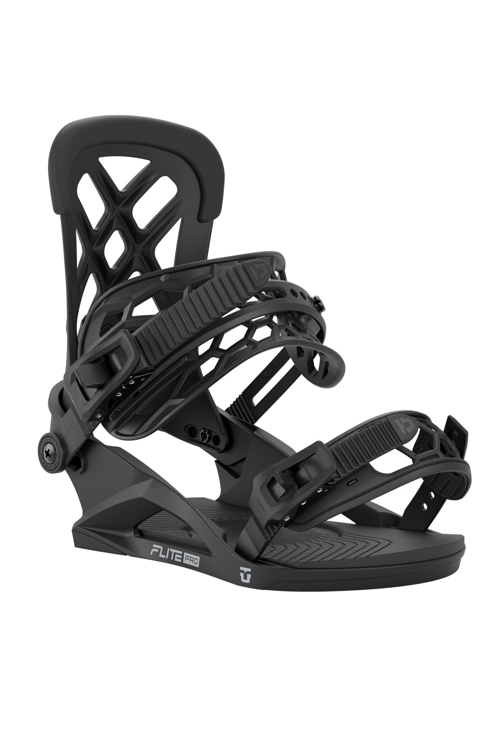Black snowboard binding on a white background