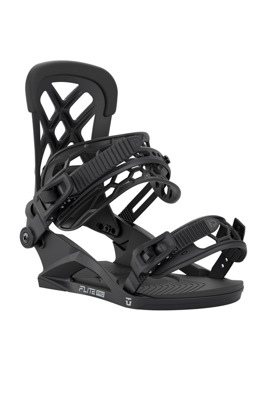 Black snowboard binding on a white background
