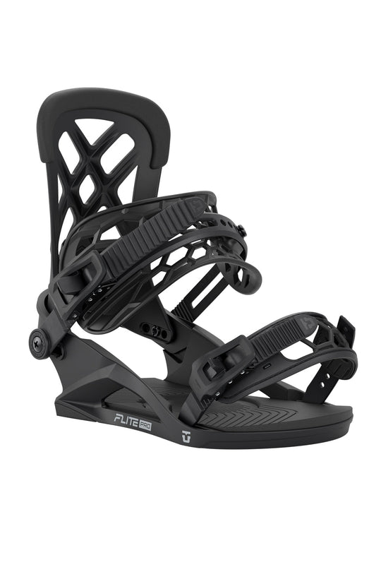 Black snowboard binding on a white background