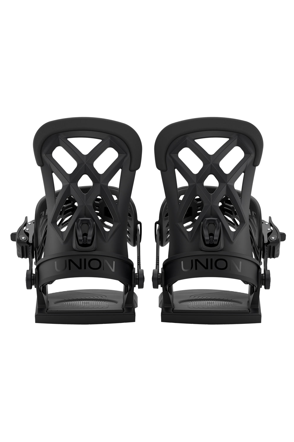 Pair of black Union snowboard bindings on a white background