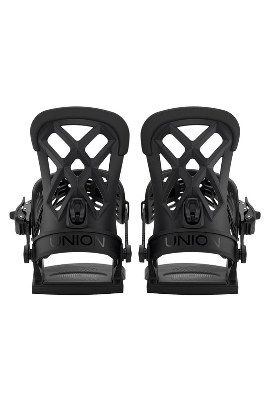 Pair of black Union snowboard bindings on a white background