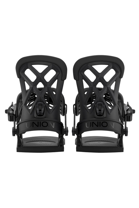 Pair of black Union snowboard bindings on a white background