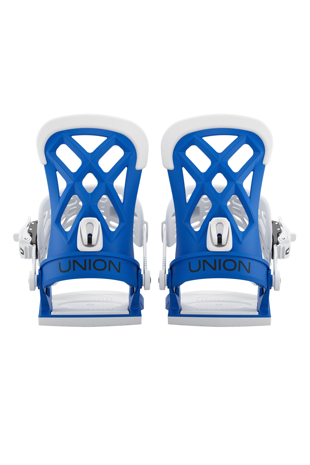 Pair of blue and white Union snowboard bindings on a white background