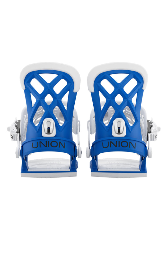 Pair of blue and white Union snowboard bindings on a white background