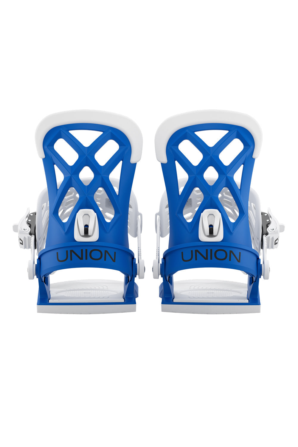 Pair of blue and white Union snowboard bindings on a white background