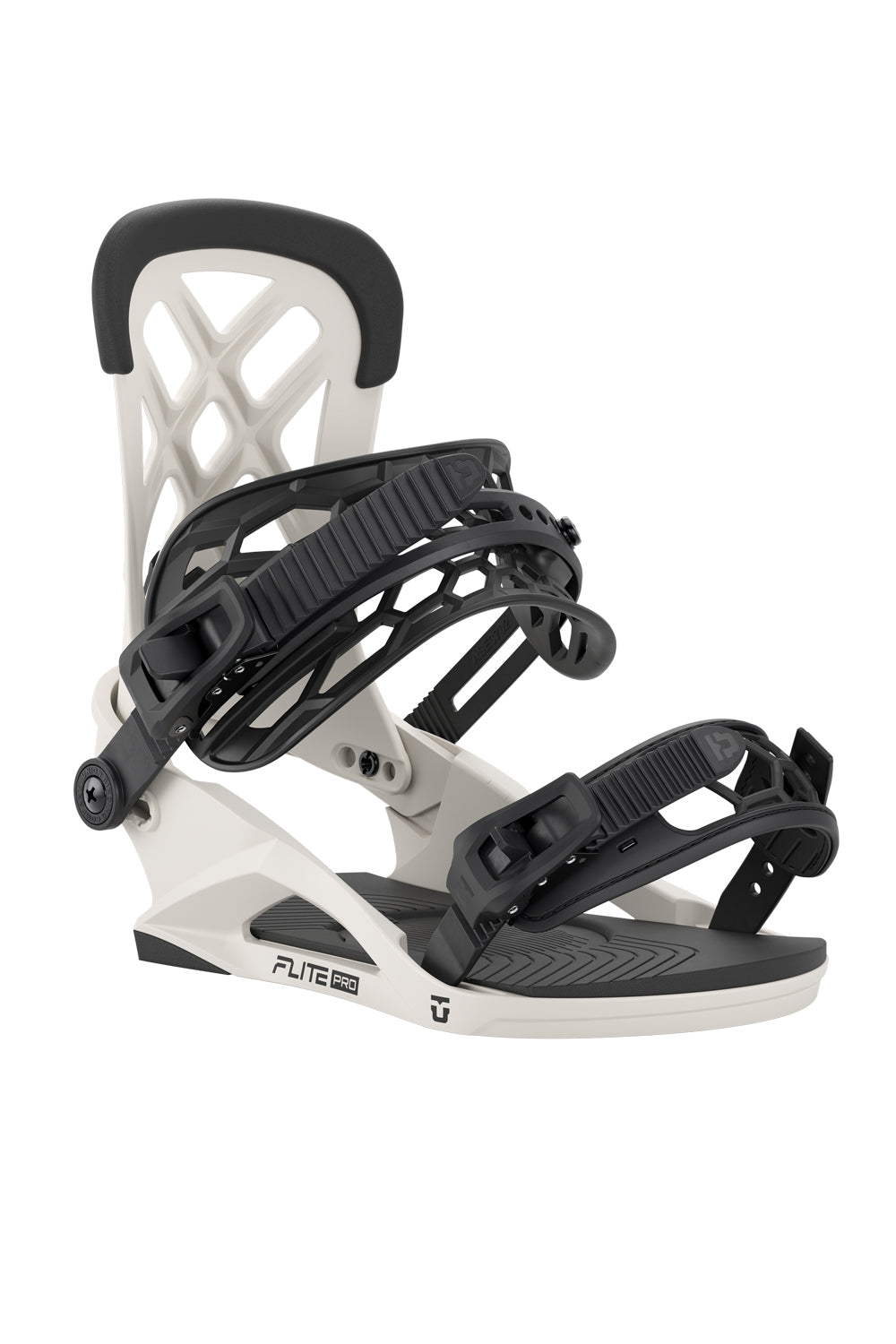 White and black snowboard binding on a white background