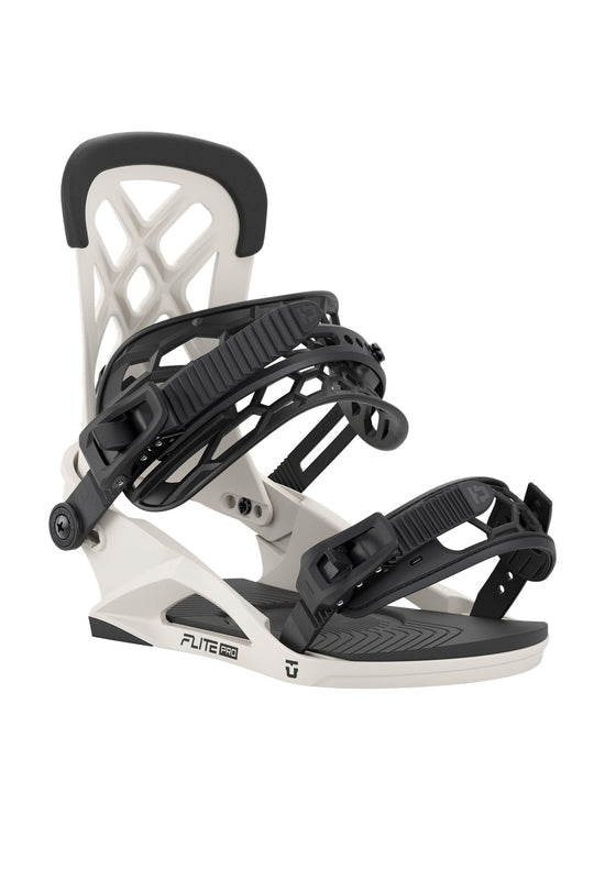 White and black snowboard binding on a white background