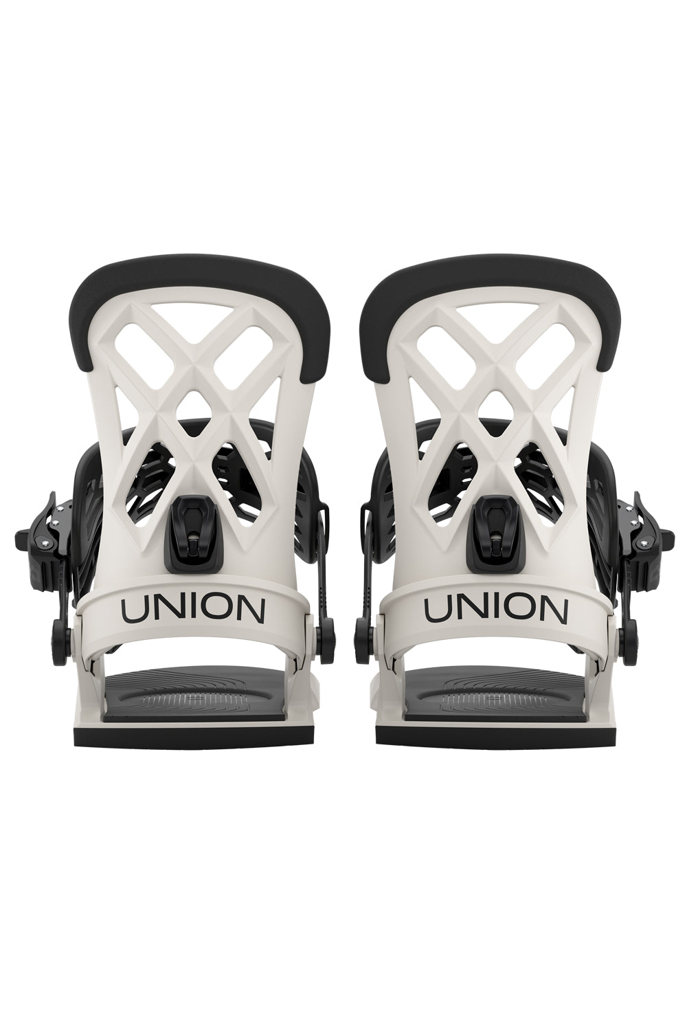 Two white snowboard bindings with black straps on a white background, featuring the Union brand.