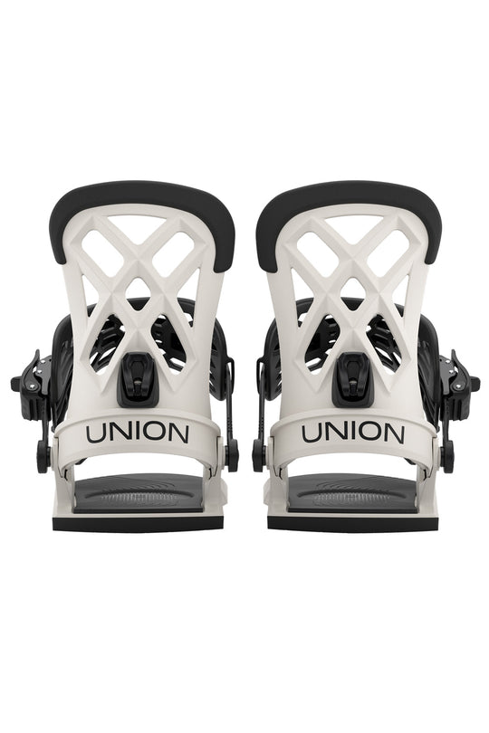 Two white snowboard bindings with black straps on a white background, featuring the Union brand.