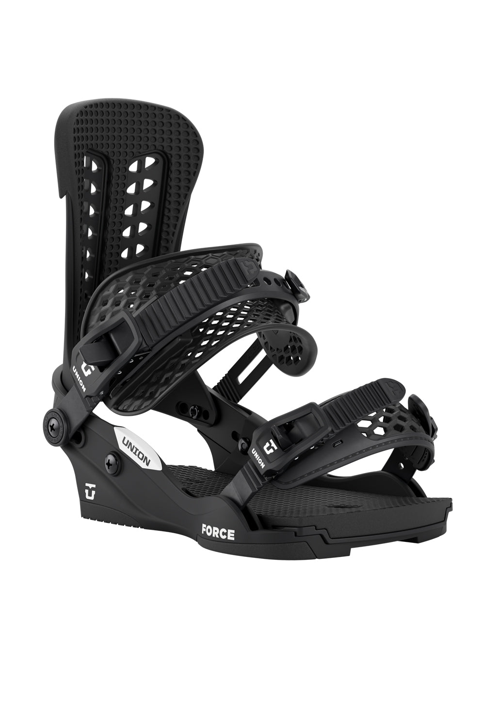Black snowboard binding on a white background