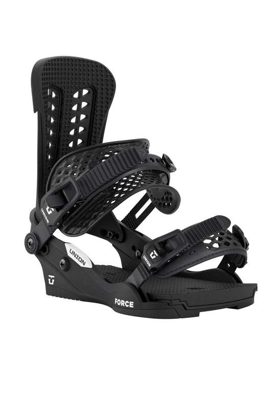 Black snowboard binding on a white background
