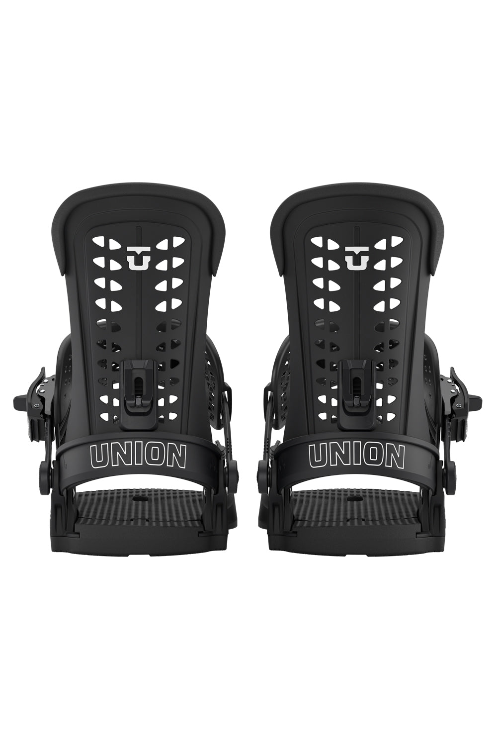 Pair of black Union snowboard bindings on a white background