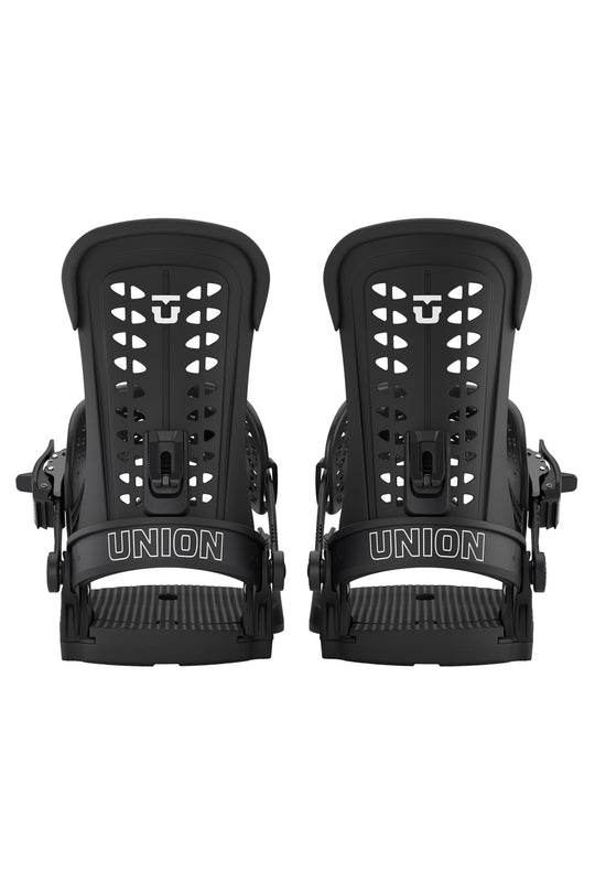 Pair of black Union snowboard bindings on a white background