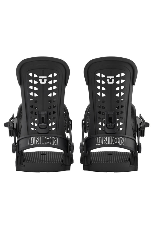 Pair of black Union snowboard bindings on a white background