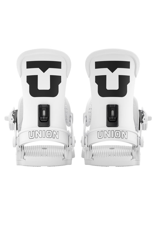 White snowboard bindings with black 'Union' logo on a white background