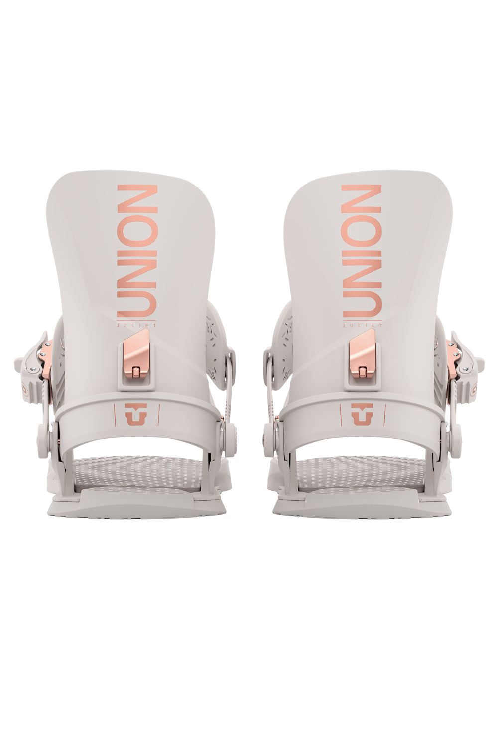 Pair of white snowboard bindings with rose gold hardware on a white background