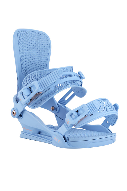 Blue snowboard binding on a white background