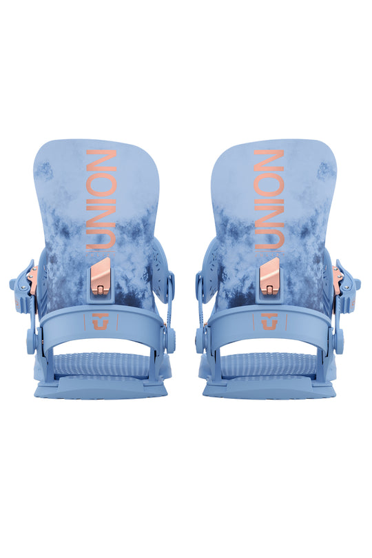 Pair of blue snowboard bindings with 'Union' branding on a white background