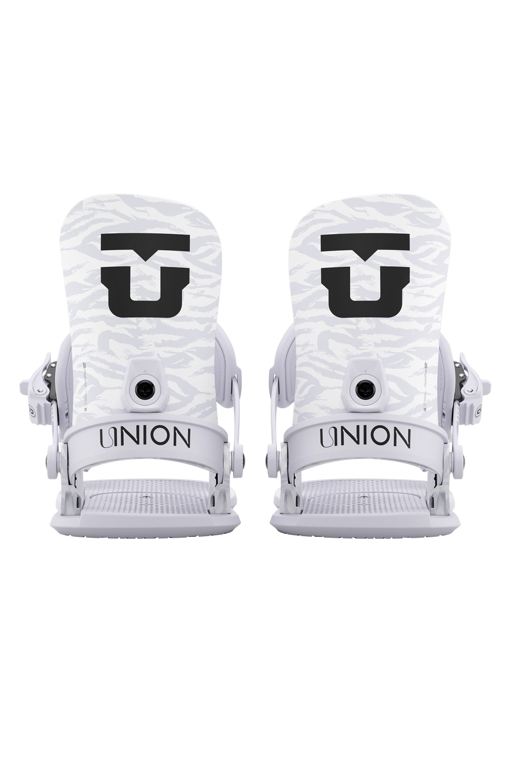 Pair of white snowboard bindings with Union logo on a white background
