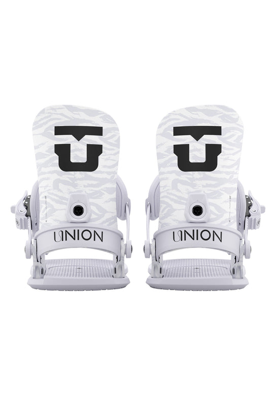 Pair of white snowboard bindings with Union logo on a white background