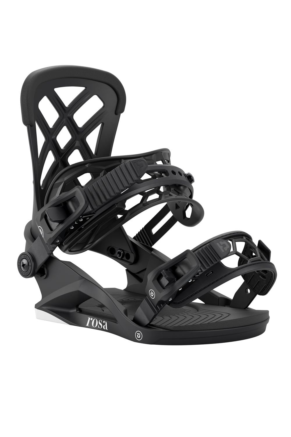 Black snowboard binding on a white background