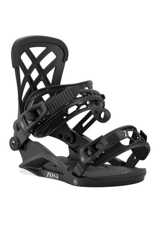 Black snowboard binding on a white background