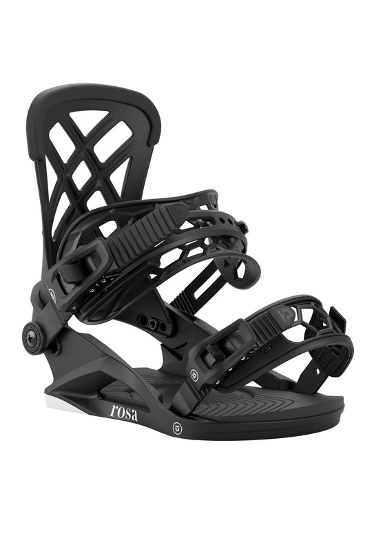 Black snowboard binding on a white background