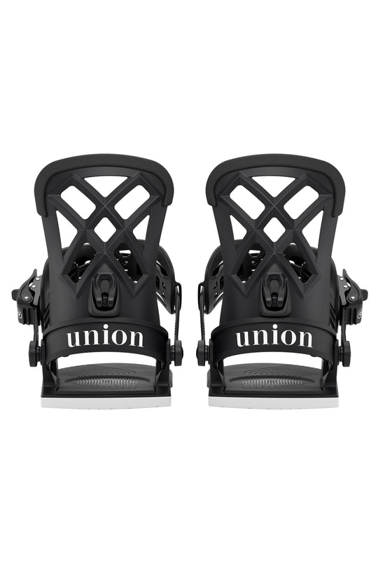 Pair of black snowboard bindings with 'union' branding on a white background