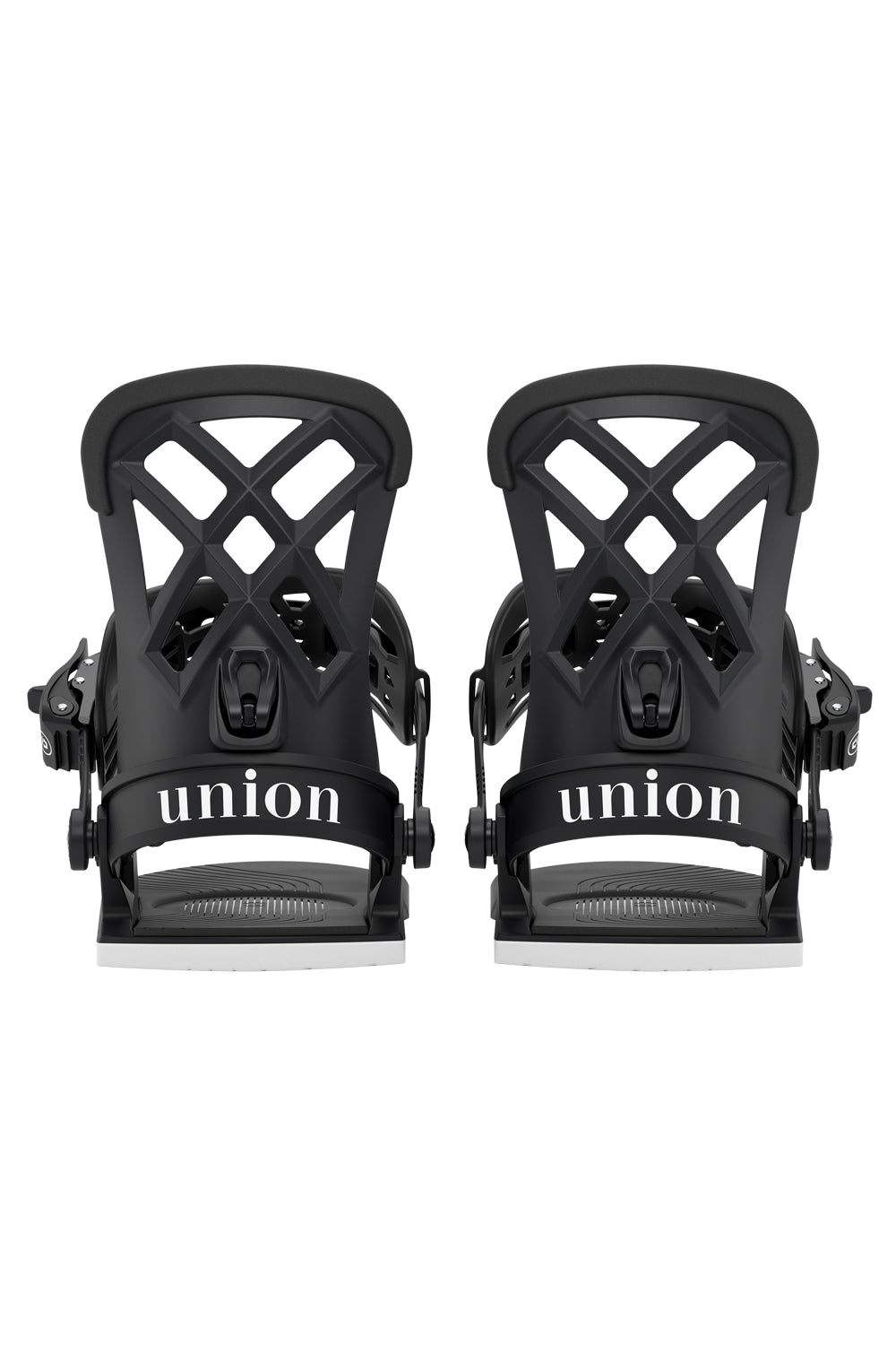 Pair of black snowboard bindings with 'union' branding on a white background