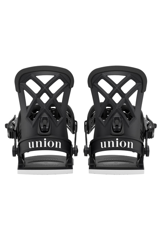 Pair of black snowboard bindings with 'union' branding on a white background