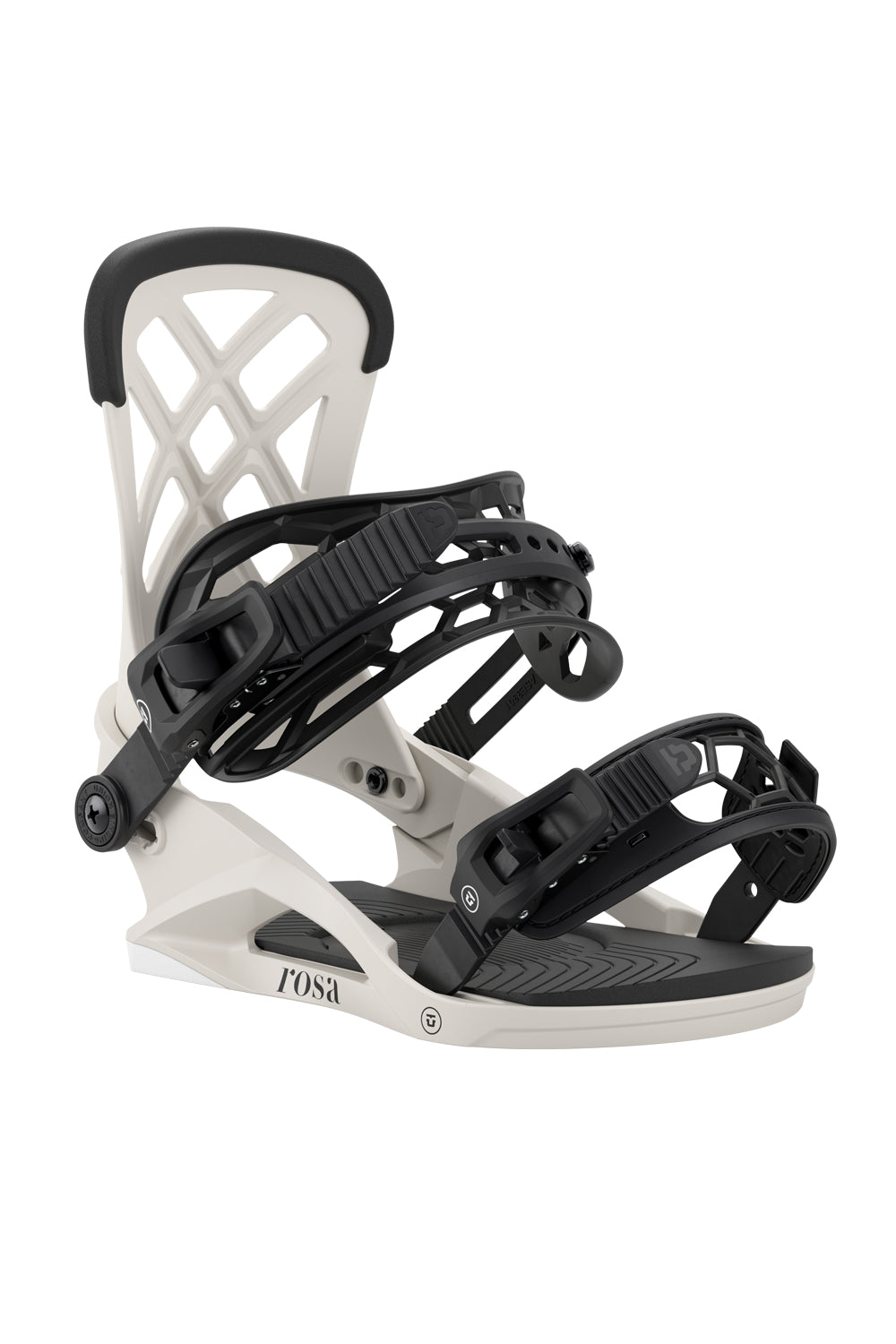 White and black snowboard binding on a white background