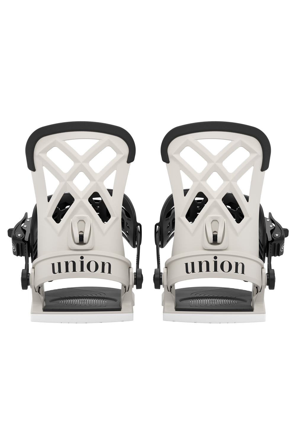Pair of white and black union snowboard bindings on a white background