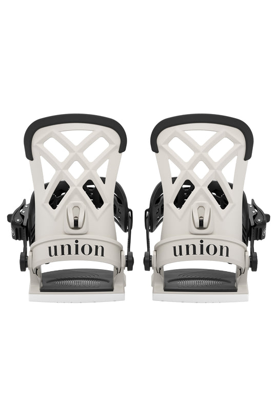 Pair of white and black union snowboard bindings on a white background
