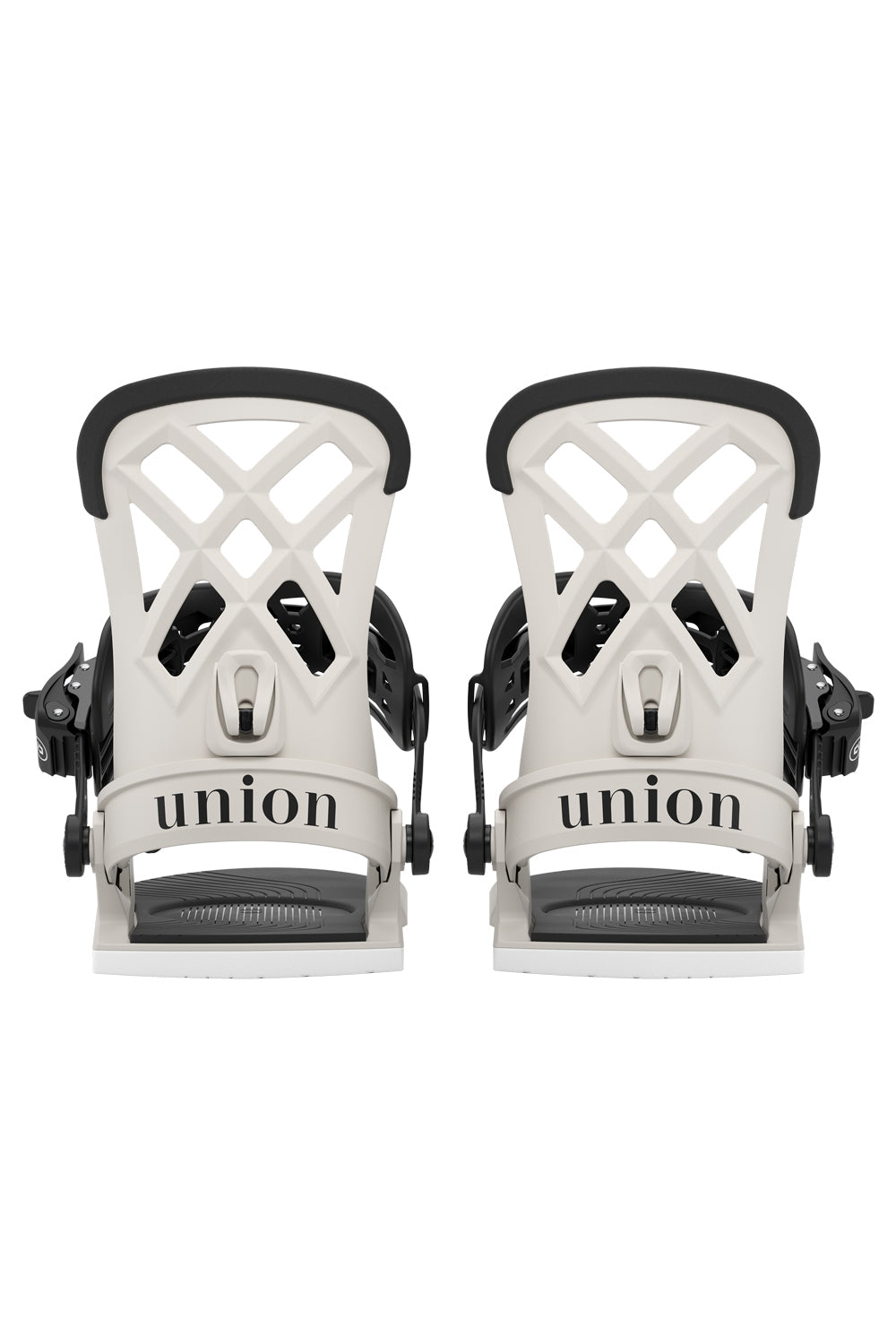 Pair of white and black union snowboard bindings on a white background