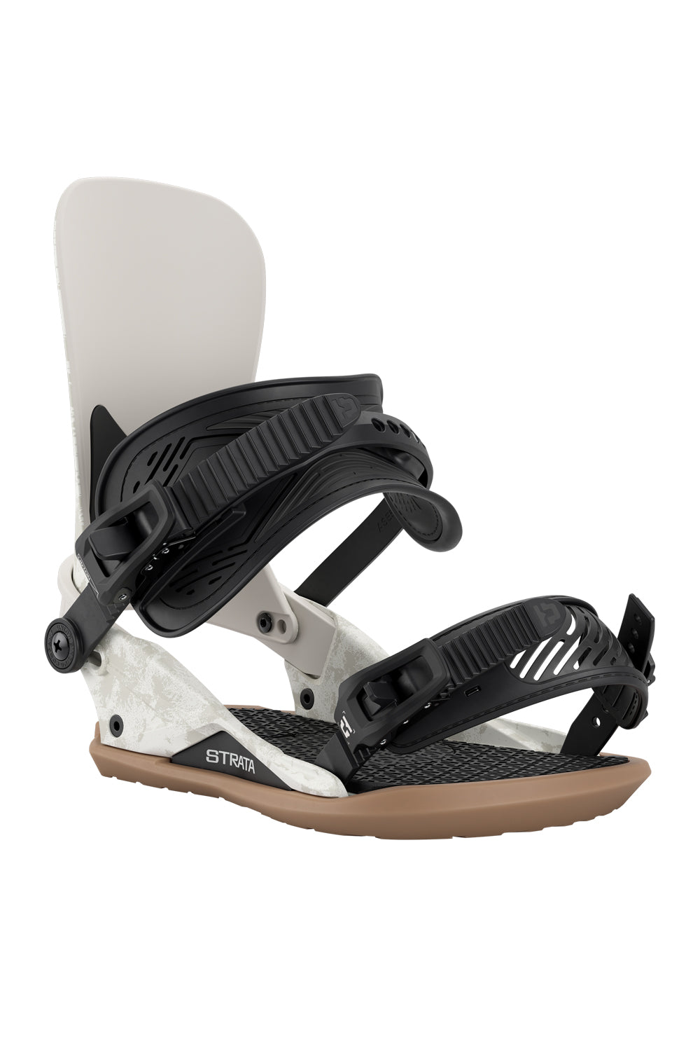 Snowboard binding with black and white design on a white background