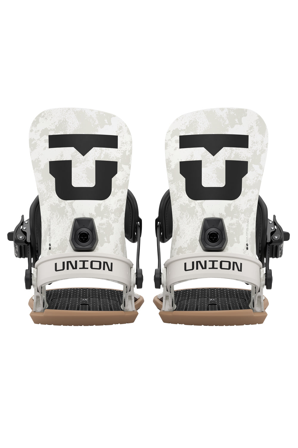 Pair of Union snowboard bindings on a white background