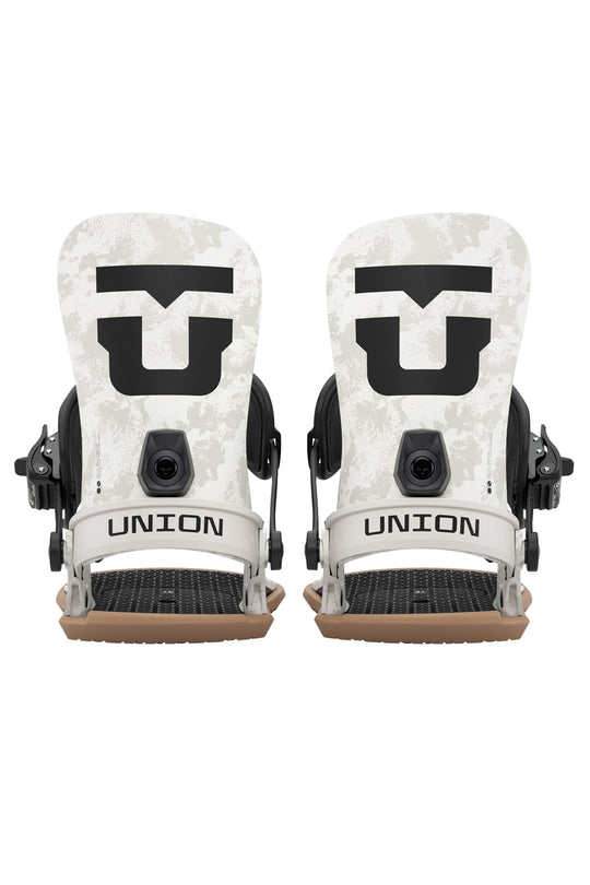 Pair of Union snowboard bindings on a white background