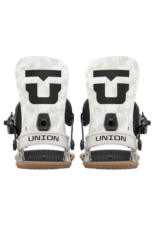 Pair of Union snowboard bindings on a white background