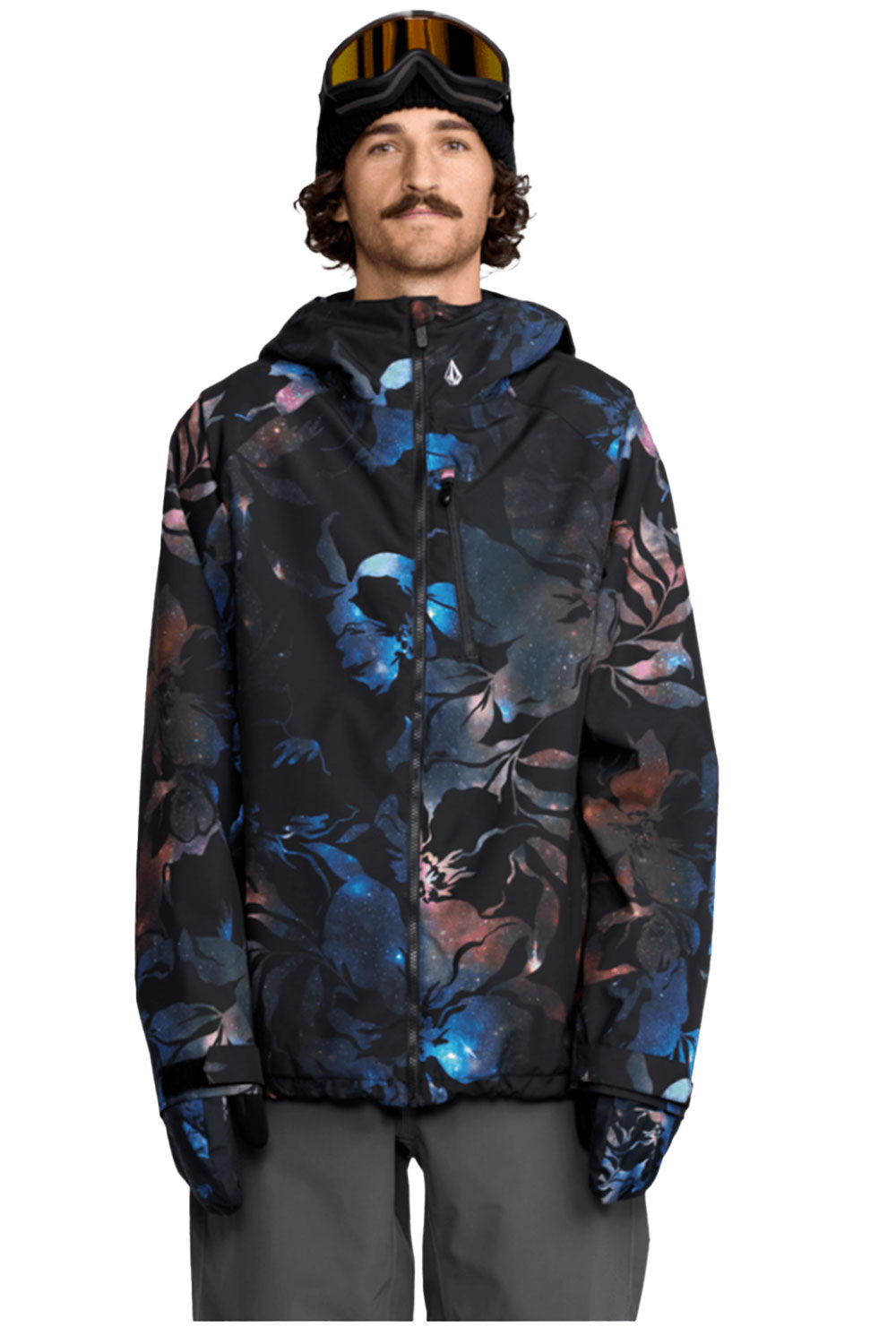Man wearing a colorful floral-patterned jacket on a white background