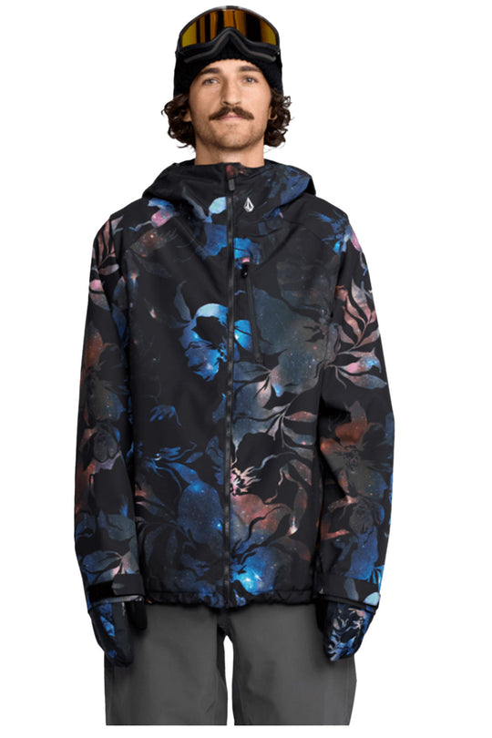 Man wearing a colorful floral-patterned jacket on a white background