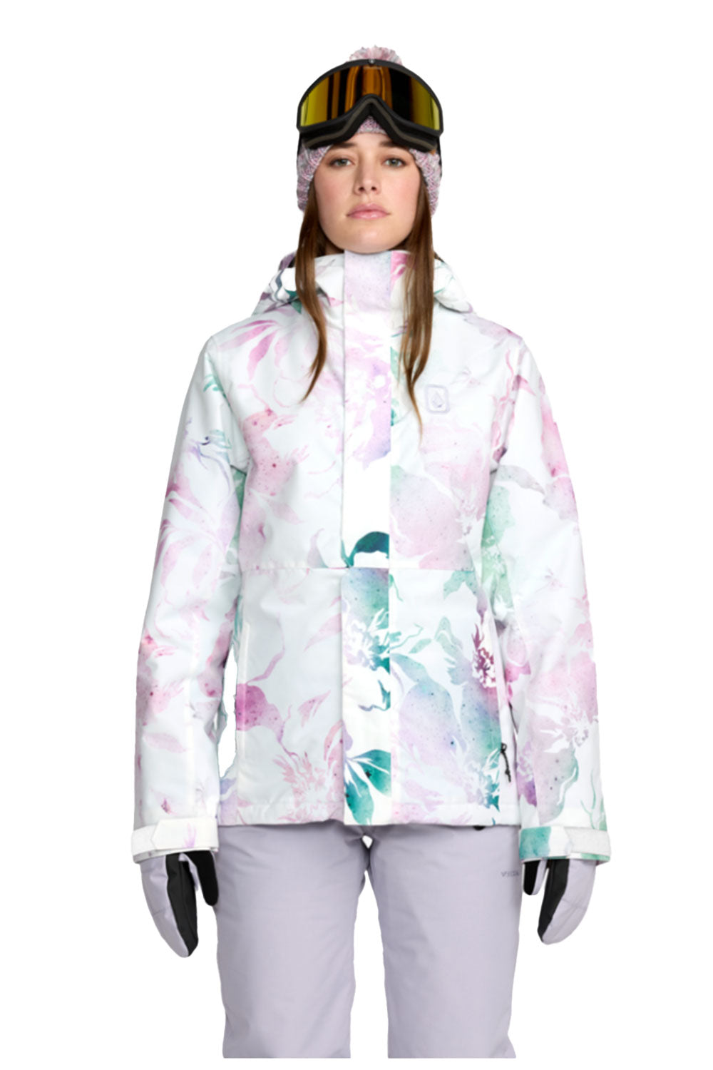 Person wearing a colorful floral-patterned ski jacket on a white background