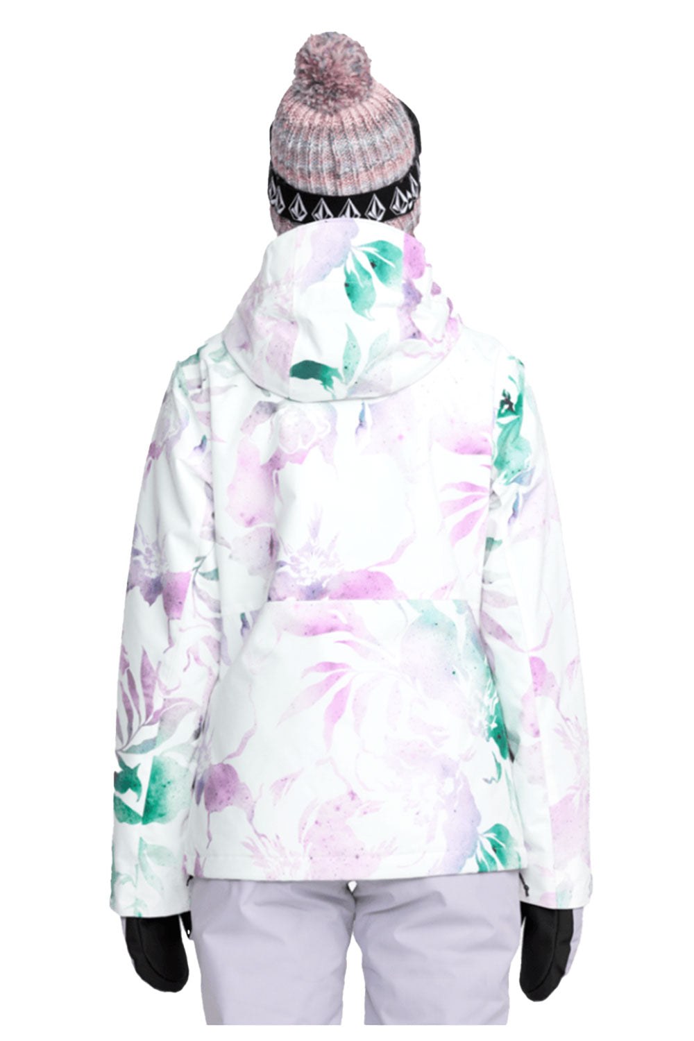 Person wearing a floral-patterned jacket, beanie, and gloves on a white background