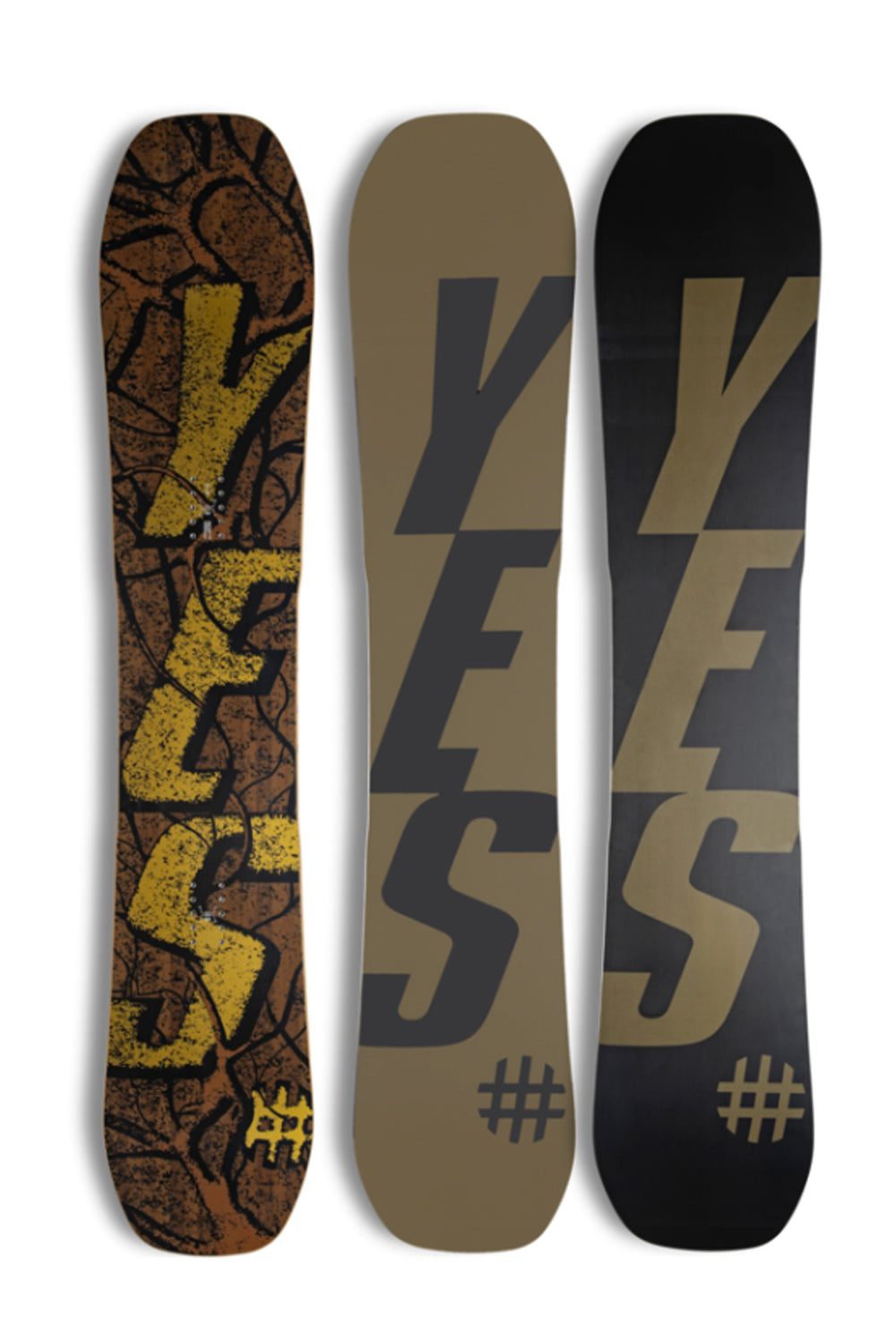 Yes All-In Snowboard, brown with black and yellow accents