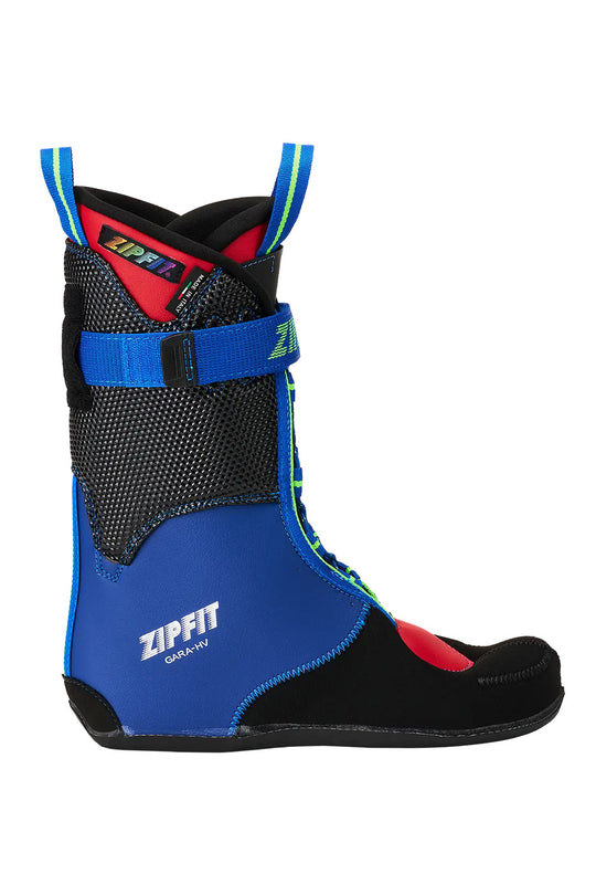 Blue and black ski  boot liner 
with red interior, featuring Zippit branding on a white background.